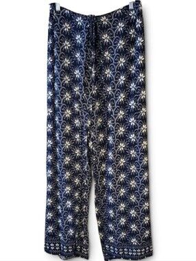 CECE Floral Front Tie Wide-Leg Pants in Navy And White Size L